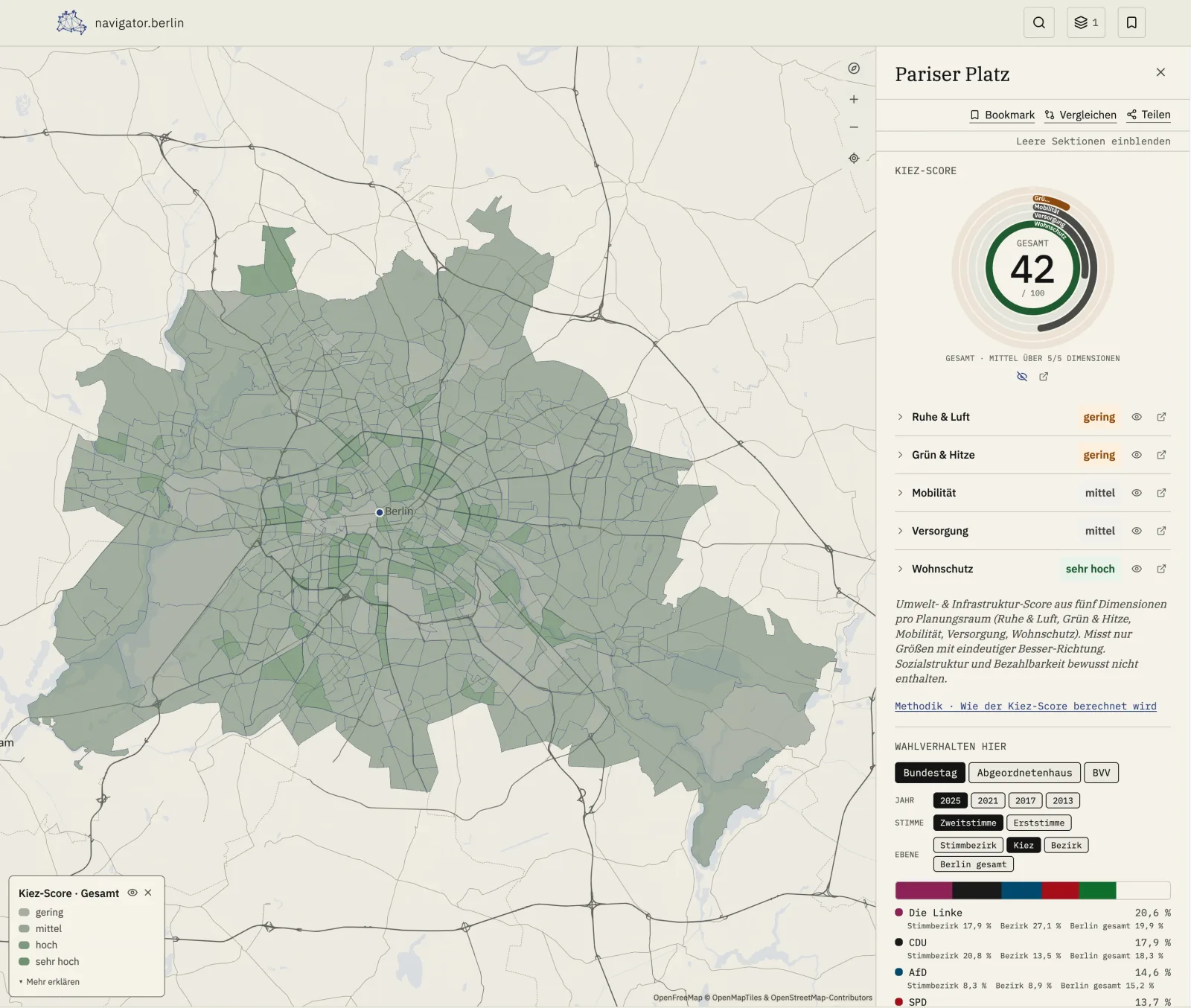 navigator.berlin: Berlin-Karte mit dem Gesamt-Kiez-Score und dem Inspektor für den Pariser Platz